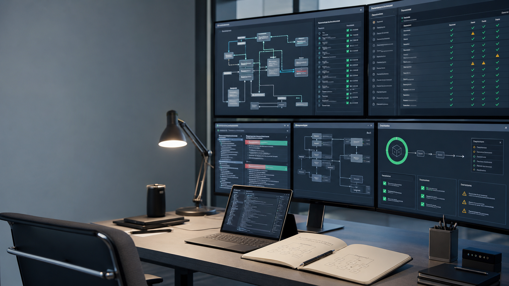 Engineering desk with verification dashboards and architecture notes