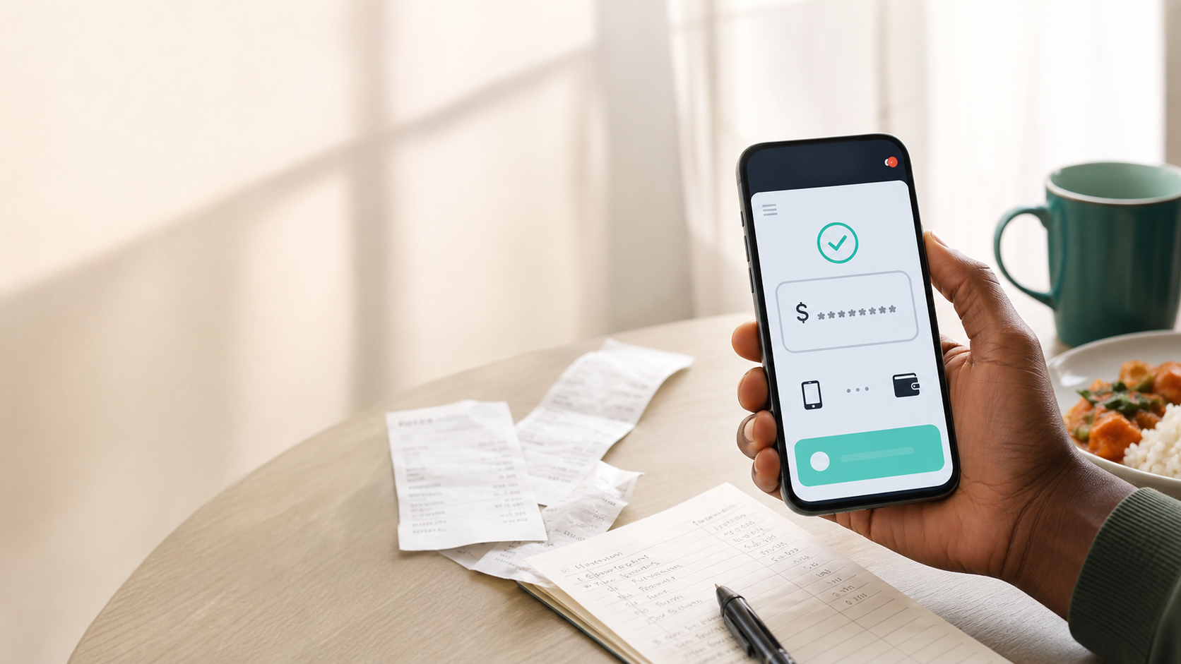 Phone showing a payment confirmation beside receipts and a meal