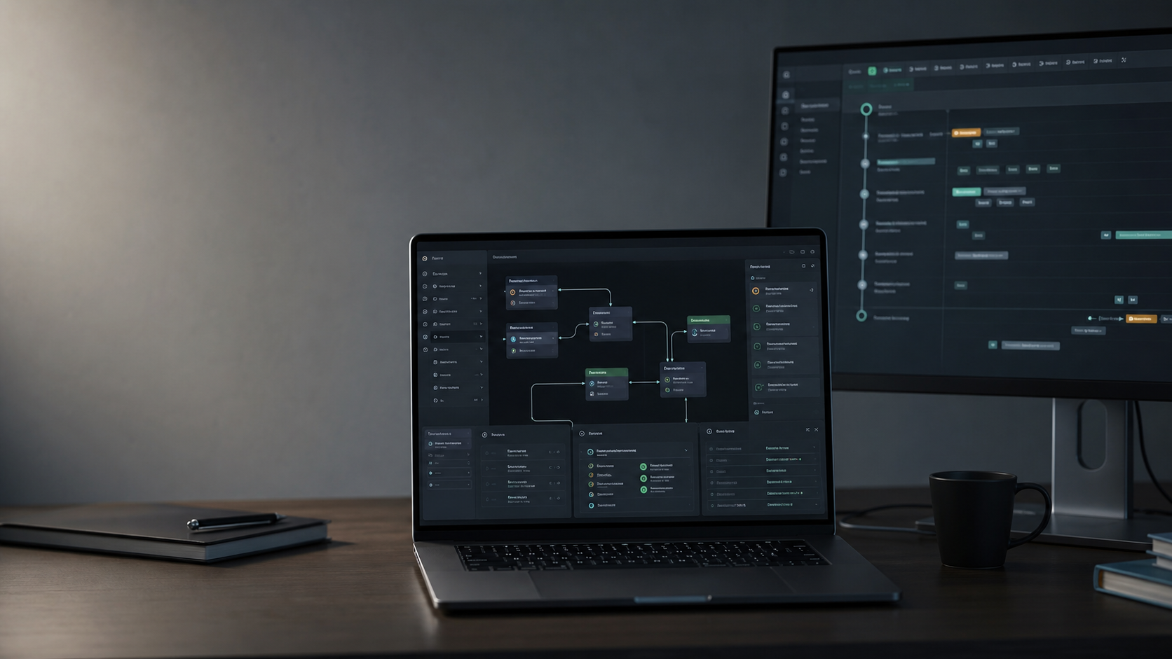 Developer workspace with agent workflow panels across laptop and monitor